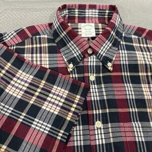 Brooks Brothers the Original Polo Shirt Short Slv Milano Button Red Black Plaid